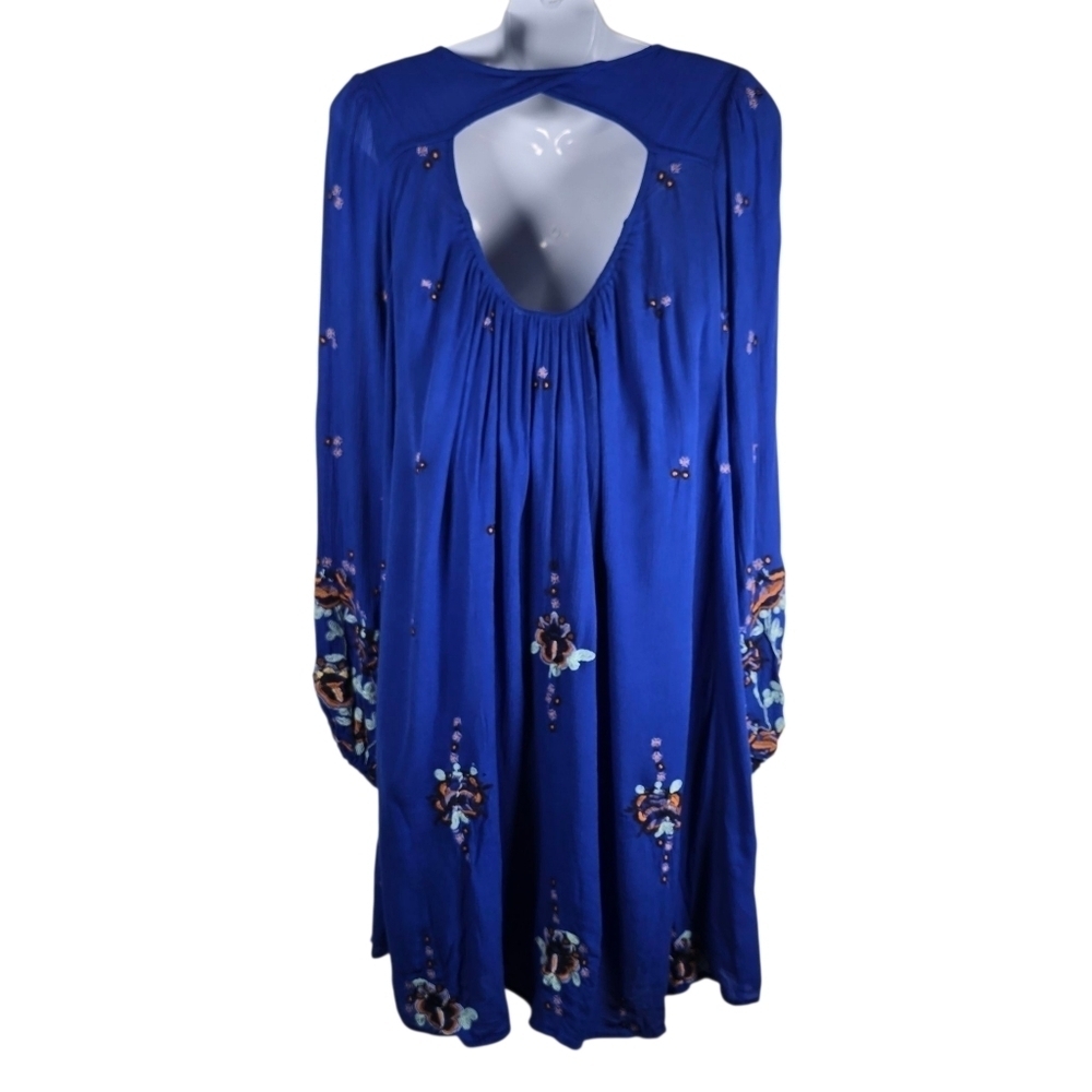 Free People Women's Boho Blue Oxford Embroidered Balloon Sleeve Dress Size S - Picture 2 of 16